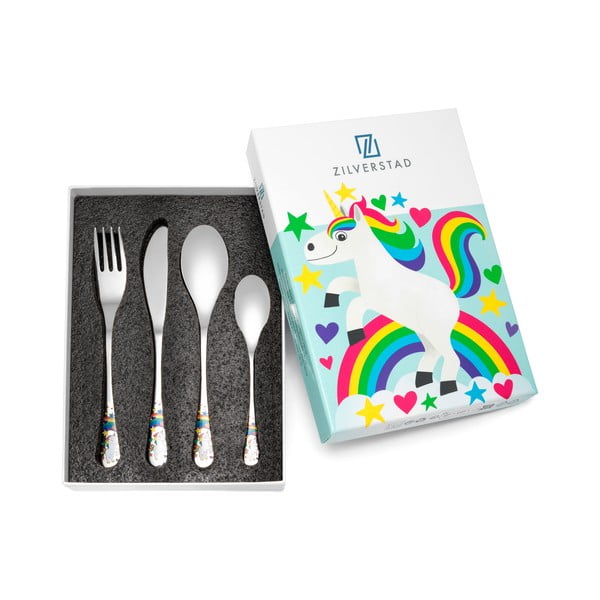 Tacâmuri  argintii din oțel inoxidabil pentru copii 4 buc. Unicorn – Zilverstad