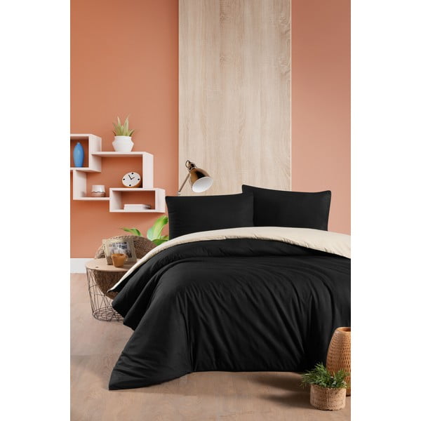 Lenjerie de pat neagră-crem din bumbac pentru pat dublu-extins și cearceaf 200x220 cm – Mila Home-image-1