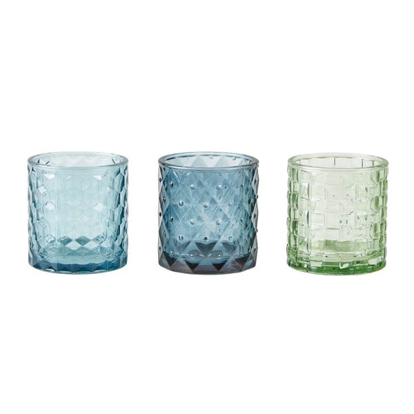 Set 3 suporturi de lumânari pastilă KJ Collection Glass, 7 x 7,5 cm, albastru