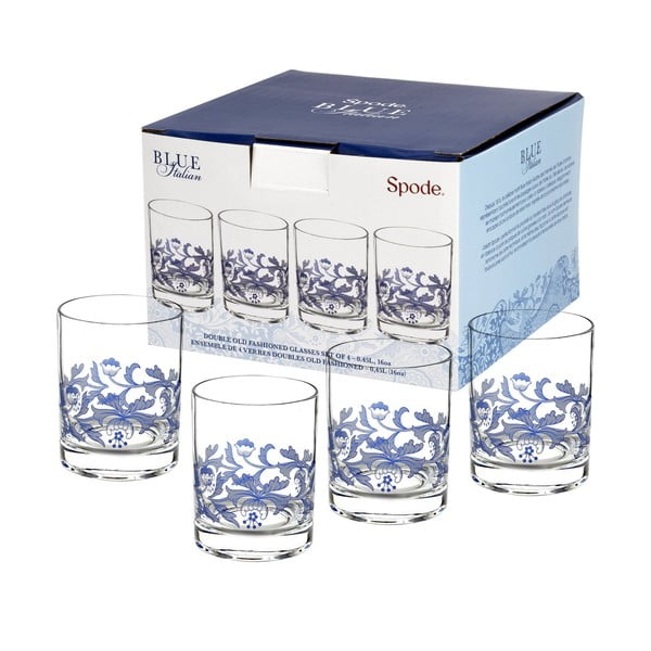 Set 4 pahare din sticlă pentru whiskey Spode Blue Italian, 450 ml, alb - albastru