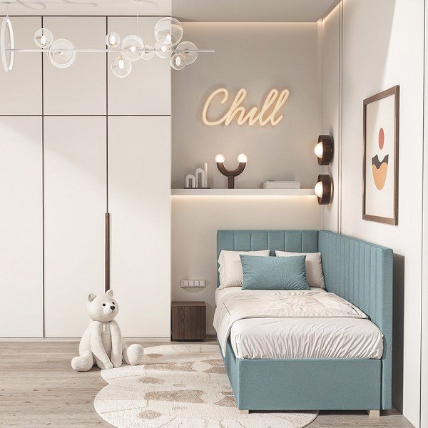 Pat pentru copii  albastru pe colț cu spațiu de depozitare cu saltea 90x200 cm Snugi – Ghado-image-1