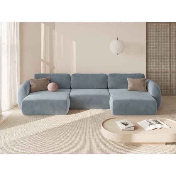 Colțar albastru prăfuit extensibil/cu spațiu de depozitare cu tapițerie din catifea (în formă de "U") Tonale – Cosmopolitan Design-image-1