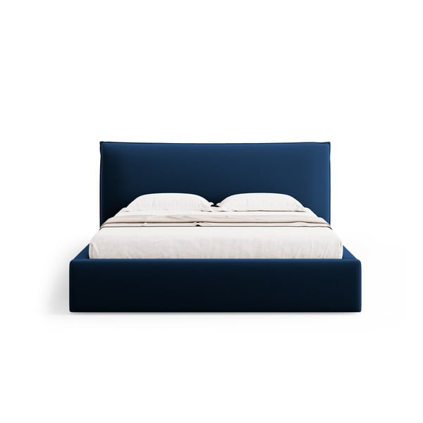 Pat matrimonial albastru închis tapițat cu spațiu de depozitare cu somieră 160x200 cm Elio – Milo Casa-image-3