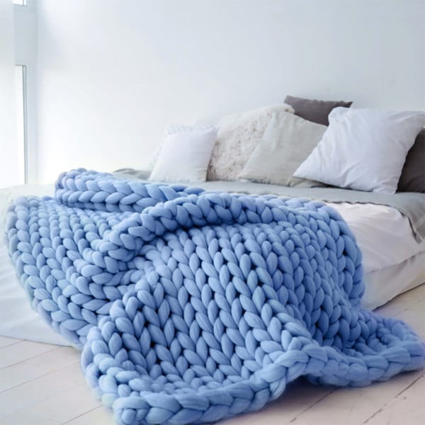 Pătură din lână merino tricotată  manual Concepttual Chunky, 125 x 130 cm, albastru