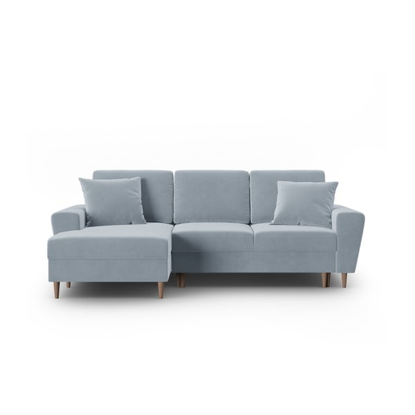 Colțar albastru deschis extensibil, cu spațiu de depozitare cu tapițerie din catifea (cu colț pe partea stângă, cu șezlong) Kyoto – Cosmopolitan Design