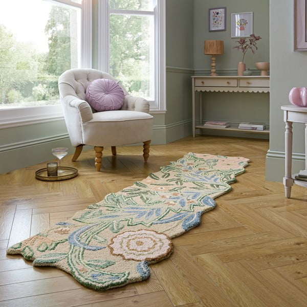 Covor tip traversă verde țesut manual din lână 60x230 cm Bryony Shaped Floral – Flair Rugs-image-1