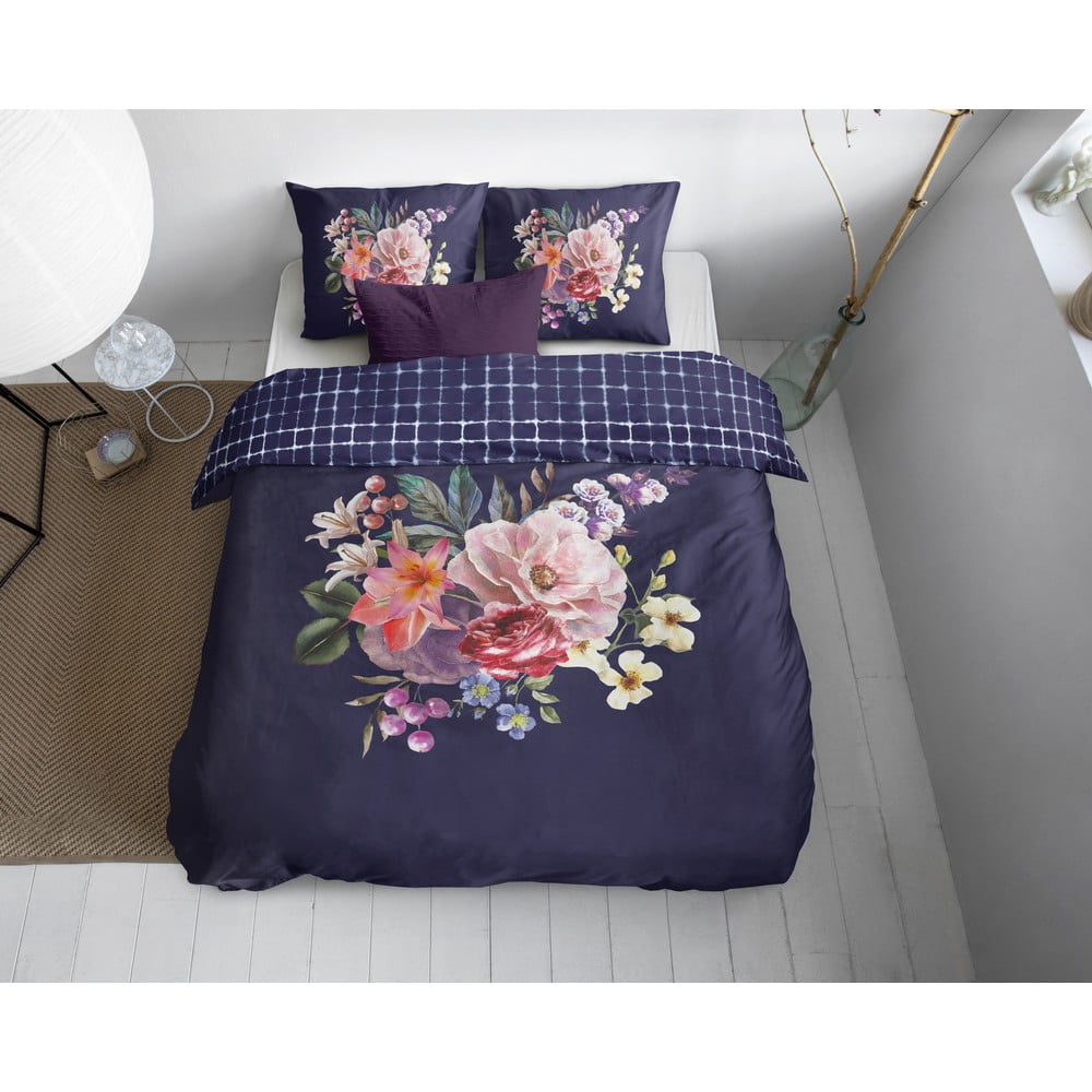 Lenjerie de pat din bumbac satinat, pentru pat dublu Primaviera Deluxe Mayboo Blue, 200 x 200 cm