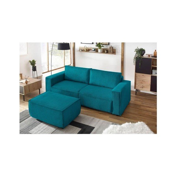 Taburet turcoaz cu tapițerie din catifea reiată Nihad – Bobochic Paris-image-1