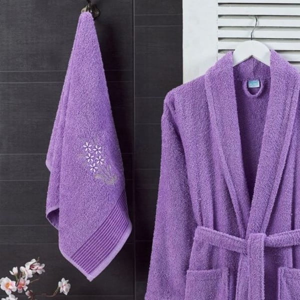 Set halat de baie și prosop mov S/M din bumbac – Mila Home-image-1