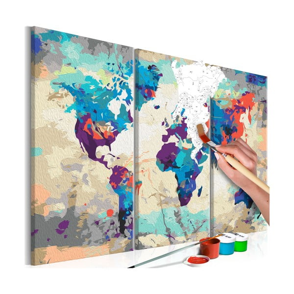 Set DIY pentru crearea unei picturi pe pânză din trei părți Artgeist World Map, 60 x 40 cm