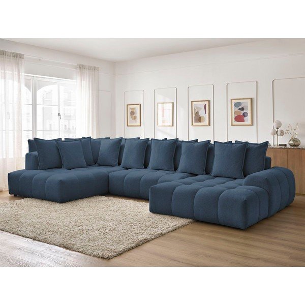Colțar albastru închis extensibil/cu spațiu de depozitare cu tapițerie din chenille (cu colț pe partea stângă/în formă de "U") Everest – Bobochic Paris-image-1