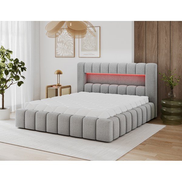 Pat matrimonial gri tapițat cu spațiu de depozitare cu somieră 140x200 cm Lamica – ELTAP-image-3