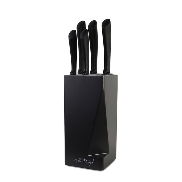 Set 5 cuțite cu suport și ascuțitor Vialli Design, negru