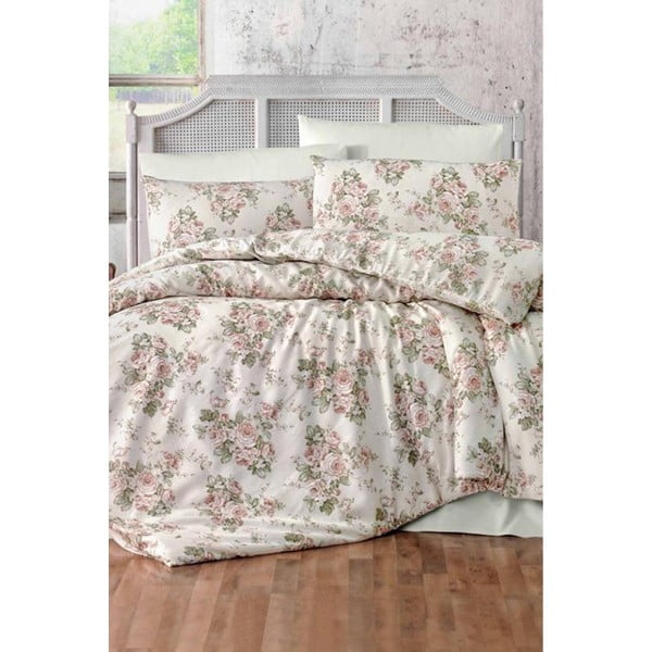 Lenjerie de pat verde-roz pentru pat dublu-extins și cearceaf Crescent – Mila Home
