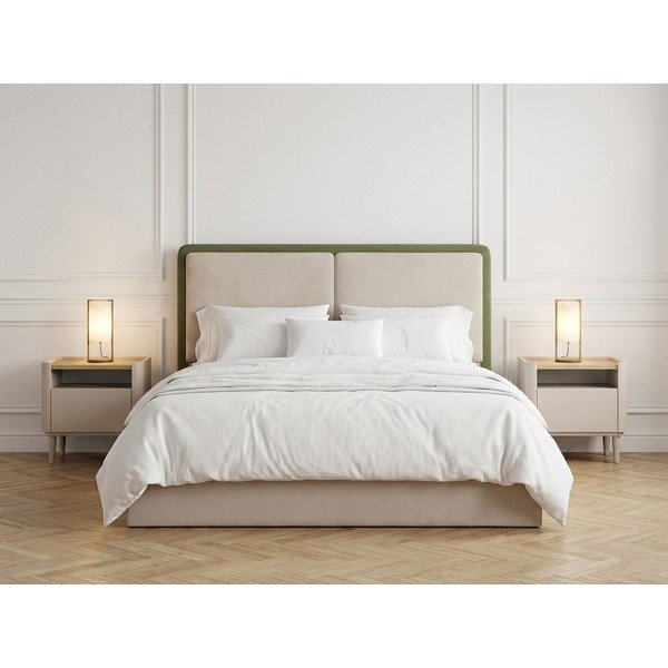 Pat matrimonial verde/bej tapițat cu spațiu de depozitare cu somieră 180x200 cm Mara – Bobochic Paris-image-3