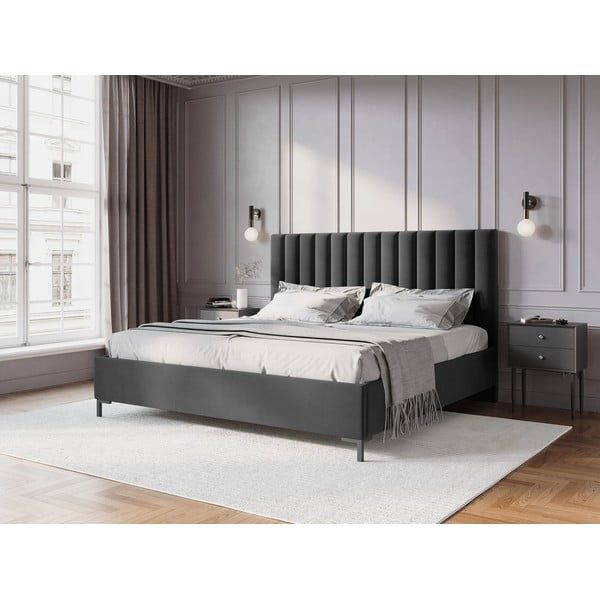 Pat matrimonial gri închis tapițat cu spațiu de depozitare și somieră 160x200 cm Casey – Mazzini Beds-image-1