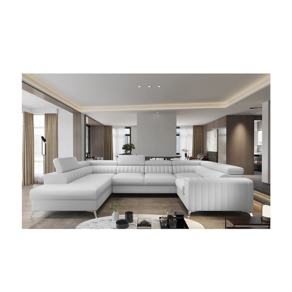 Colțar alb extensibil/cu spațiu de depozitare cu tapițerie din imitație de piele (cu colț pe partea stângă/în formă de "U") Louis – ELTAP-image-1