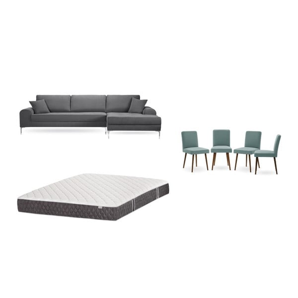 Set canapea gri cu șezlong pe partea dreaptă, 4 scaune gri-verde și saltea 160 x 200 cm Home Essentials