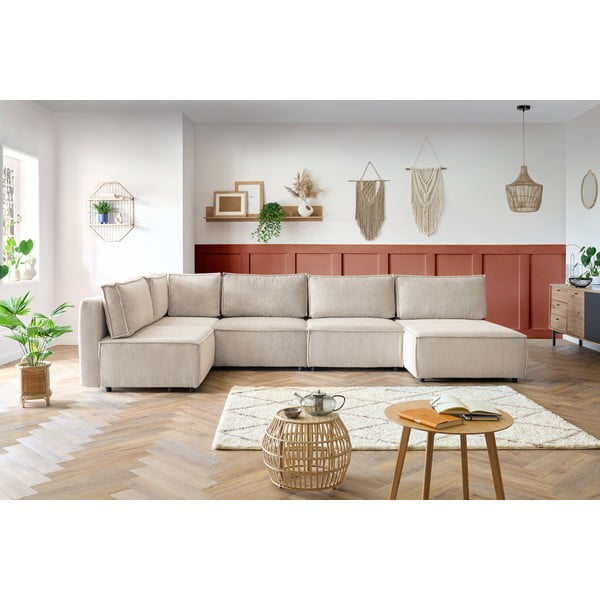 Colțar crem cu tapițerie din catifea reiată  (în formă de "U"/cu colț variabil) Nihad modular – Bobochic Paris-image-1