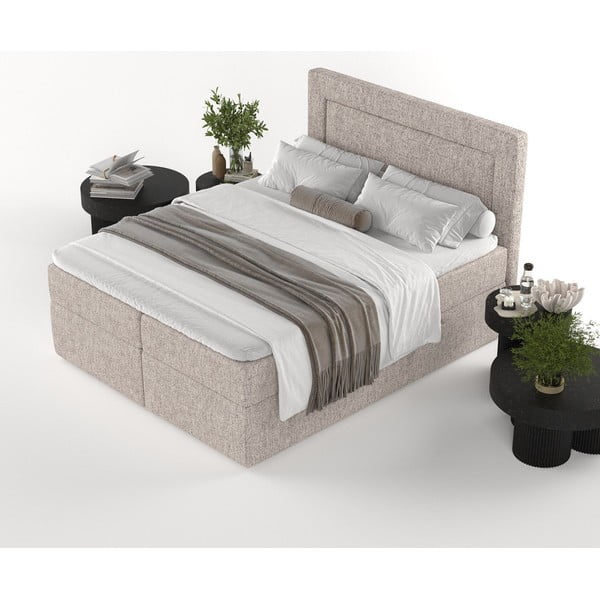 Pat boxspring maro deschis cu spațiu de depozitare 200x200 cm Imagine – Maison de Rêve-image-4
