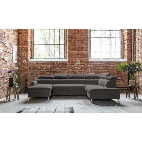 Colțar gri închis extensibil cu tapițerie din catifea (cu colț pe partea dreaptă/în formă de "U") Sweet Harmony – Miuform-image-1