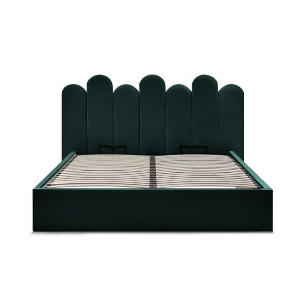 Pat matrimonial verde tapițat cu spațiu de depozitare cu somieră 160x200 cm Badja – Bobochic Paris-image-3
