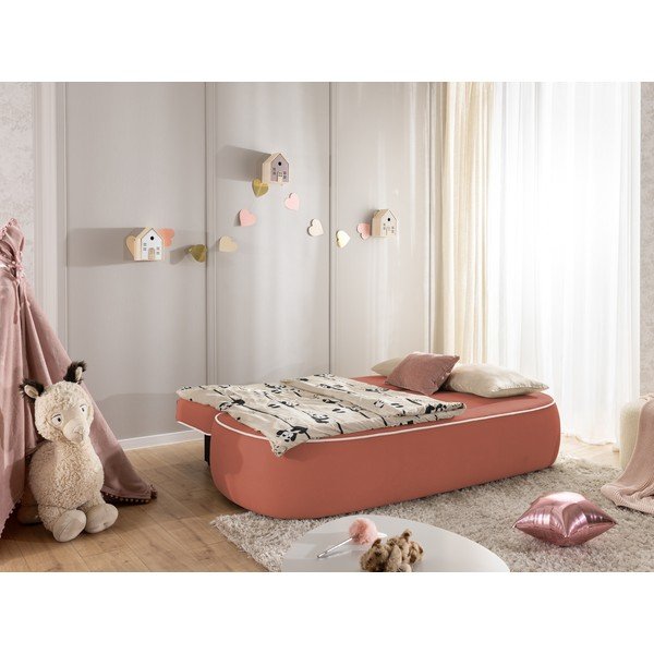 Canapea pentru copii roz/gri deschis extensibilă/cu spațiu de depozitare cu tapițerie din catifea 210 cm Saga – Ropez-image-2