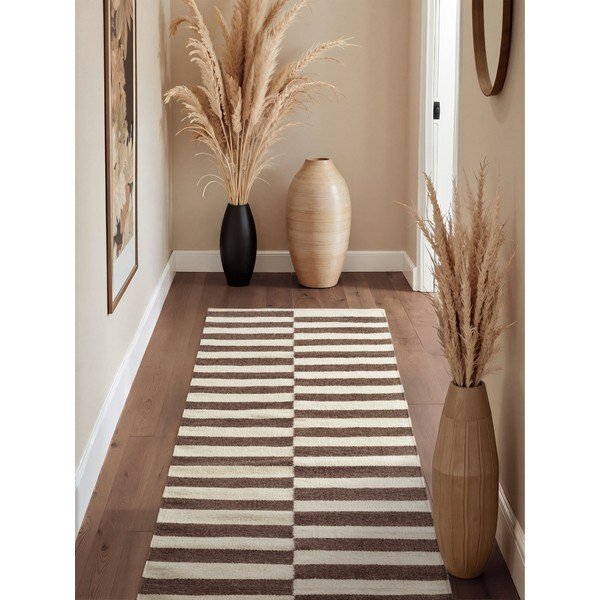Covor tip traversă alb/maro reversibil/țesut manual din lână 80x200 cm Vika – Hanse Home-image-1