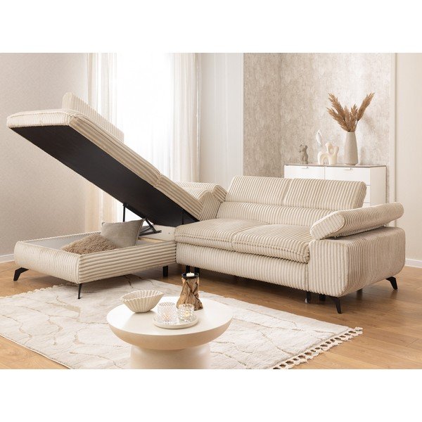 Colțar bej cu tapițerie din catifea reiată  (cu colț pe partea stângă/în formă de ”L”) Marbeya  – Ropez-image-4