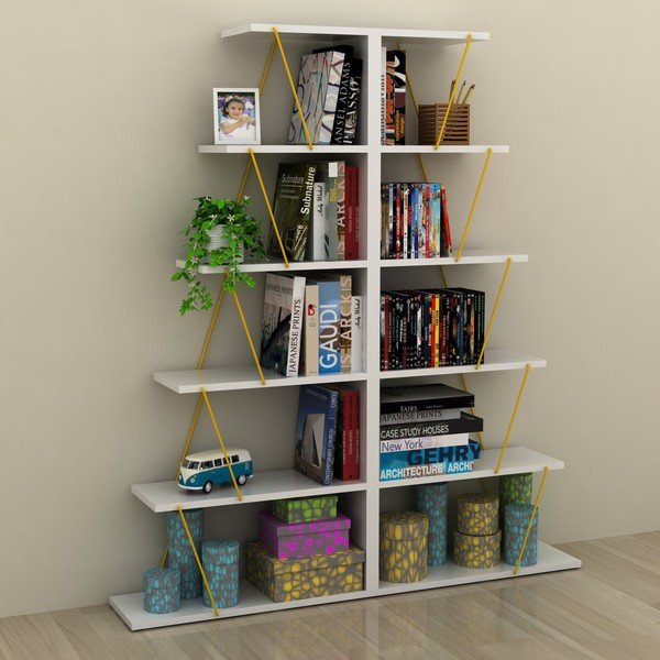 Bibliotecă cu detalii galbene Rafevi Tars Mini, alb-image-3
