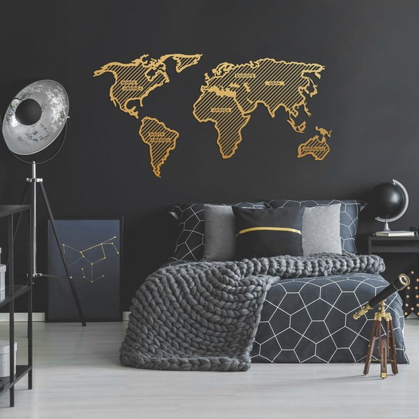 Decorațiune metalică pentru perete World Map In The Stripes, 120 x 65 cm, auriu
