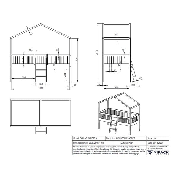 Pat pentru copii  alb de tip casă/înalt din lemn masiv de pin 90x200 cm DALLAS – Vipack-image-3