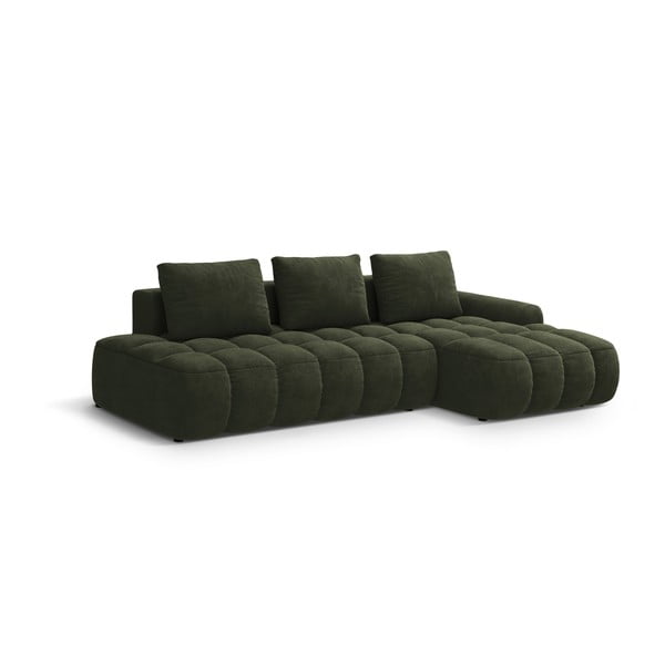 Colțar verde extensibil/cu spațiu de depozitare cu tapițerie din catifea (cu colț pe partea dreaptă/cu șezlong) Linz – Cosmopolitan Design-image-2