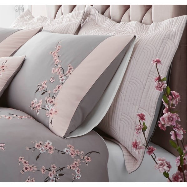 Set 2 fețe de pernă matlasate Catherine Lansfield Blossom, 75 x 50 cm, gri-roz-image-1
