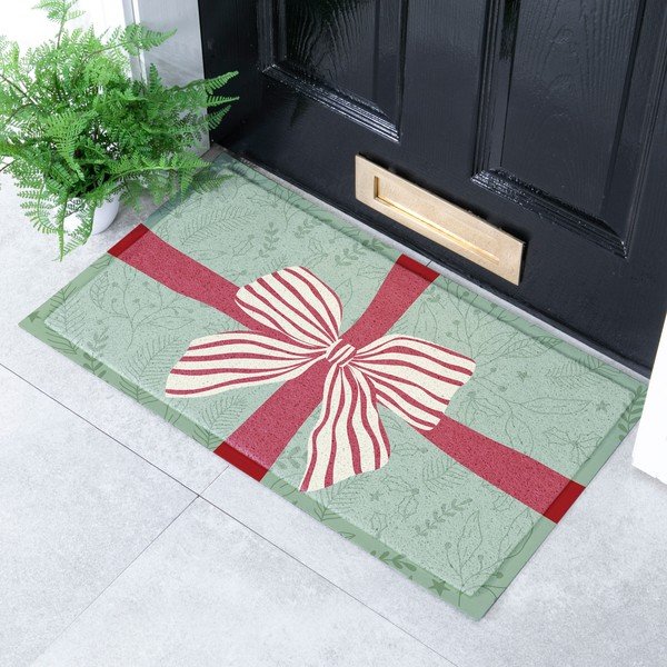 Covoraș de intrare din plastic reciclat 40x70 cm  cu model de Crăciun Red & White Stripe Bow – Artsy Doormats-image-1