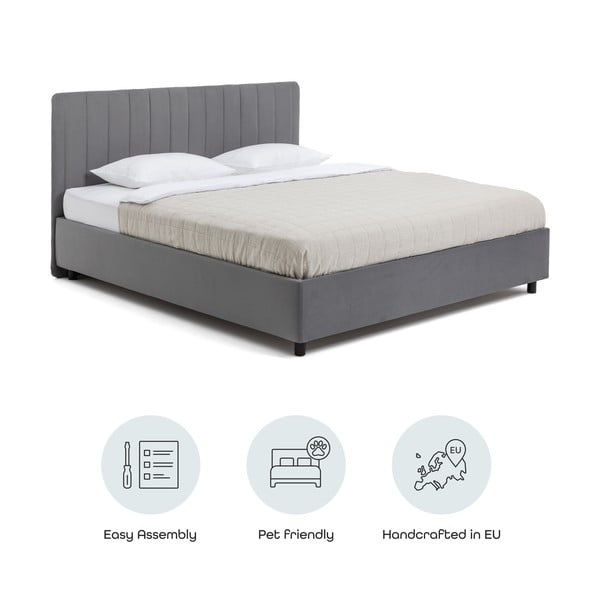 Pat matrimonial gri tapițat cu spațiu de depozitare cu somieră 160x200 cm Myra Slim Line – Bonami Selection-image-4