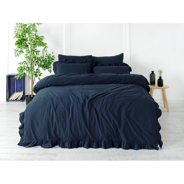 Lenjerie de pat albastru-închis din bumbac ranforcé pentru pat de o persoană 140x200 cm Ruffle Striped – Mila Home Luxury-image-1