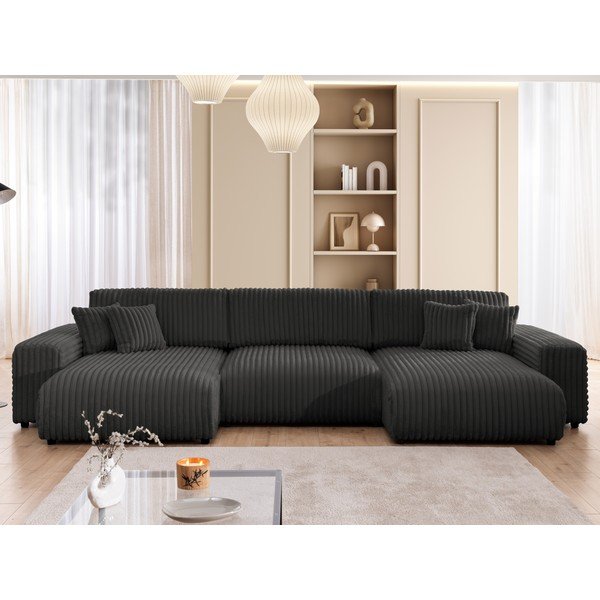 Colțar gri închis extensibil/cu spațiu de depozitare cu tapițerie din catifea reiată  (în formă de "U") Sarina – Ropez-image-1