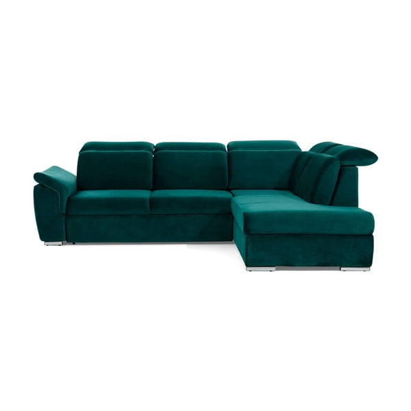 Colțar verde extensibil/cu spațiu de depozitare cu tapițerie din catifea (cu colț pe partea dreaptă/în formă de ”L”) Loreto – ELTAP