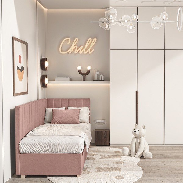 Pat pentru copii  roz pe colț cu spațiu de depozitare cu saltea 90x200 cm Snugi – Ghado-image-1