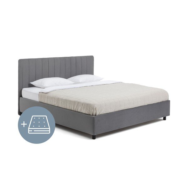 Pat dublu tapițat gri cu spațiu de depozitare cu saltea/ somieră 180x200 cm Myra Slim Line - Bonami Selection