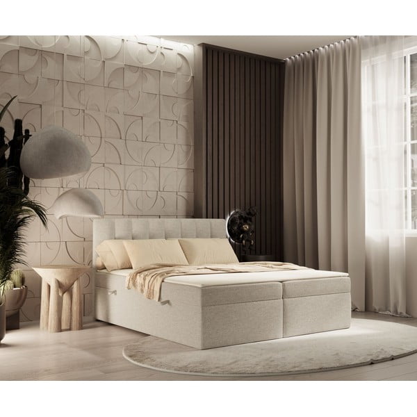 Pat boxspring bej cu spațiu de depozitare 140x200 cm Novento – Maison de Rêve-image-1