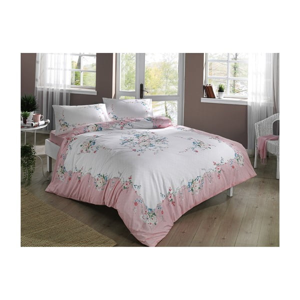 Lenjerie de pat cu cearșaf din bumbac Madelyn V2 Pink, 200 x 220 cm