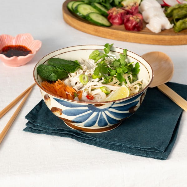 Bol mic albastru-bej pentru ramen, din porțelan 1 l Flower – Rex London-image-3