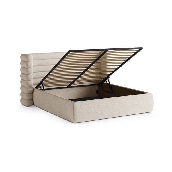 Pat matrimonial bej tapițat cu spațiu de depozitare cu somieră 200x200 cm Mount – Micadoni -image-2