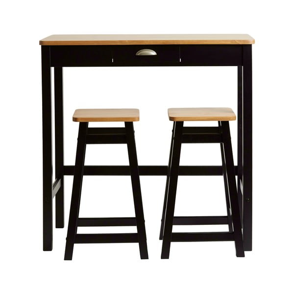 Masă tip bar cu 2 scaune din lemn masiv de pin Marckeric Caya, negru