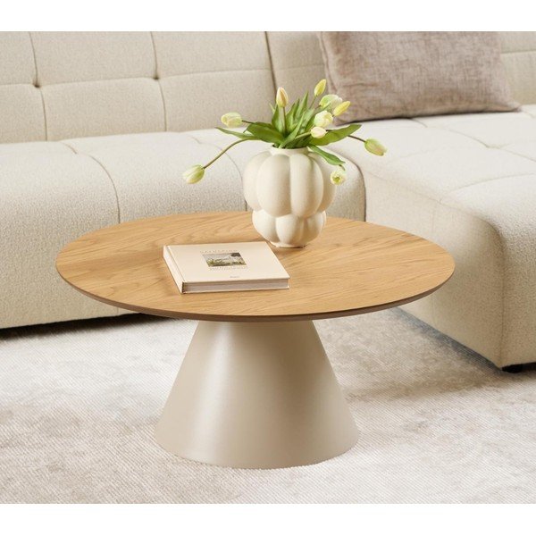 Măsuță de cafea crem/în culoare naturală rotundă cu blat cu aspect de lemn de stejar ø 85 cm Soli – Actona-image-1