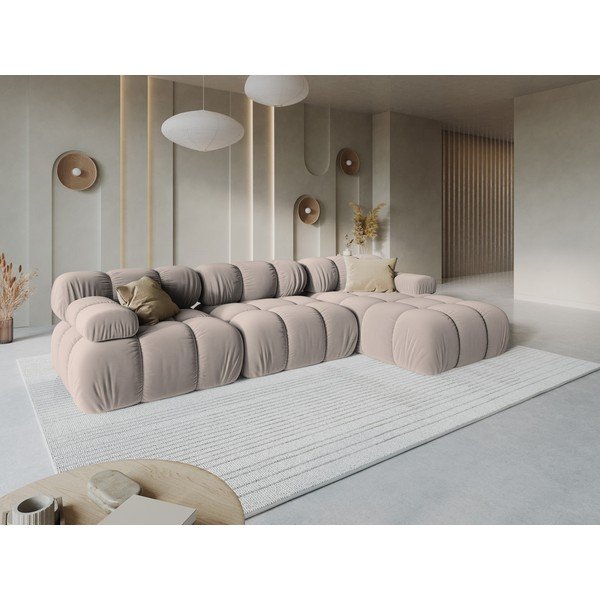 Colțar modular bej cu tapițerie din catifea (cu colț pe partea dreaptă/cu șezlong) – Micadoni -image-1