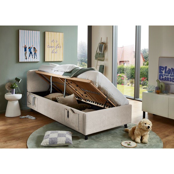 Pat pentru copii  bej cu spațiu de depozitare cu somieră 90x200 cm Cosy – Meise Möbel-image-2