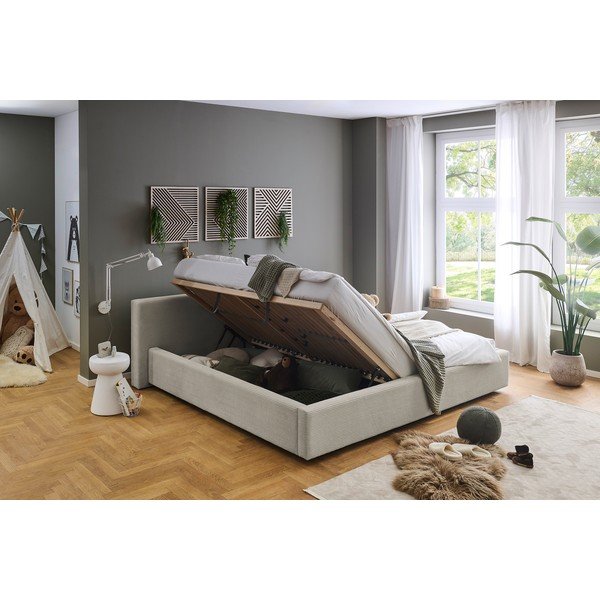 Pat matrimonial bej tapițat cu spațiu de depozitare cu somieră 200x240 cm Cube – Meise Möbel-image-2